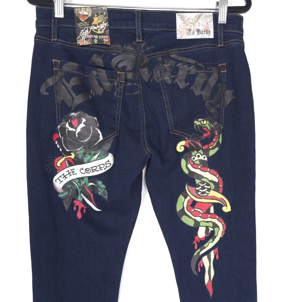 ED HARDY The Corps Jean 30 Tattoo Snake Rose Stacked Bootcut UNHEMMED MEHD8303-6